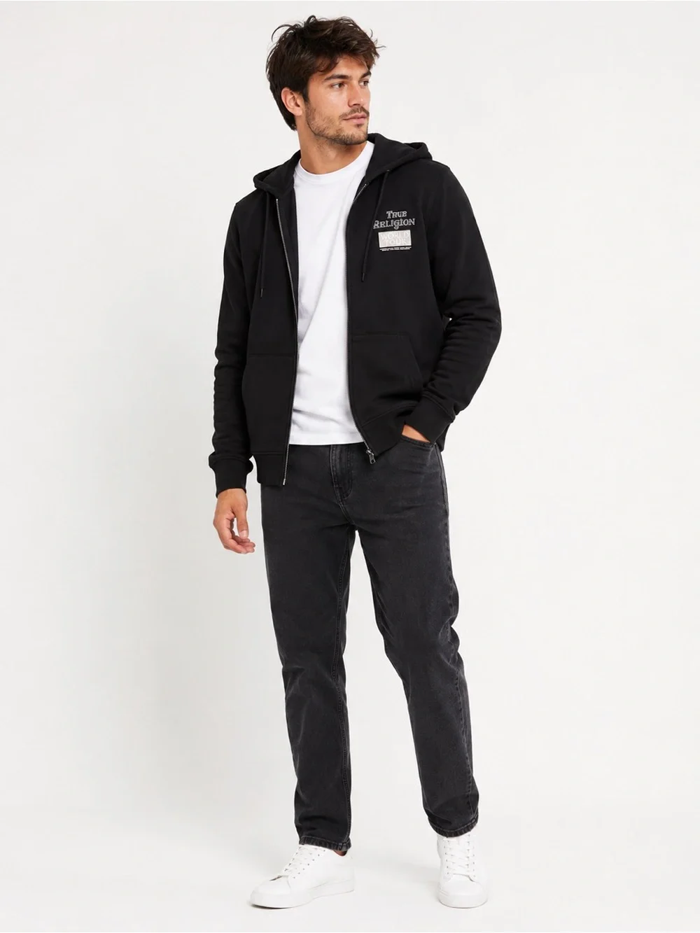 True Religion Black Zip Hoodie with Chest World Tour Patch